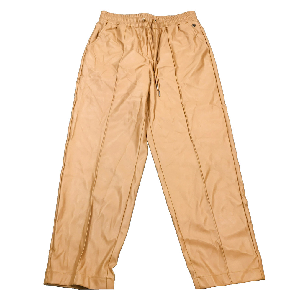 Calia Womens Small Pants Faux Leather Straight Leg Pintuck Tan Solid Pockets AV2